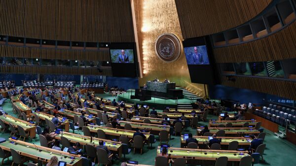 Министр иностранных дел РФ Сергей Лавров во время выступления на общеполитической дискуссиии в рамках 76-й сессии Генеральной Ассамблеи Организации Объединенных Наций (ООН) в Нью-Йорке