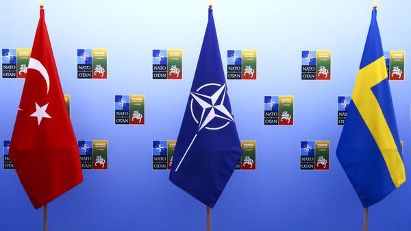 Флаги Турции, НАТО и Швеции на саммите НАТО в Вильнюсе