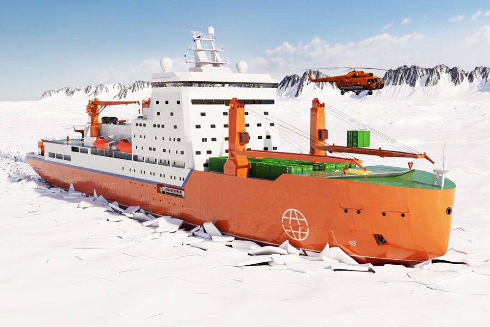 Модель нового судна "Иван Фролов", главной задачей которого станет обеспечение полярных станций. Его закладка начнется в начале 2025 года.