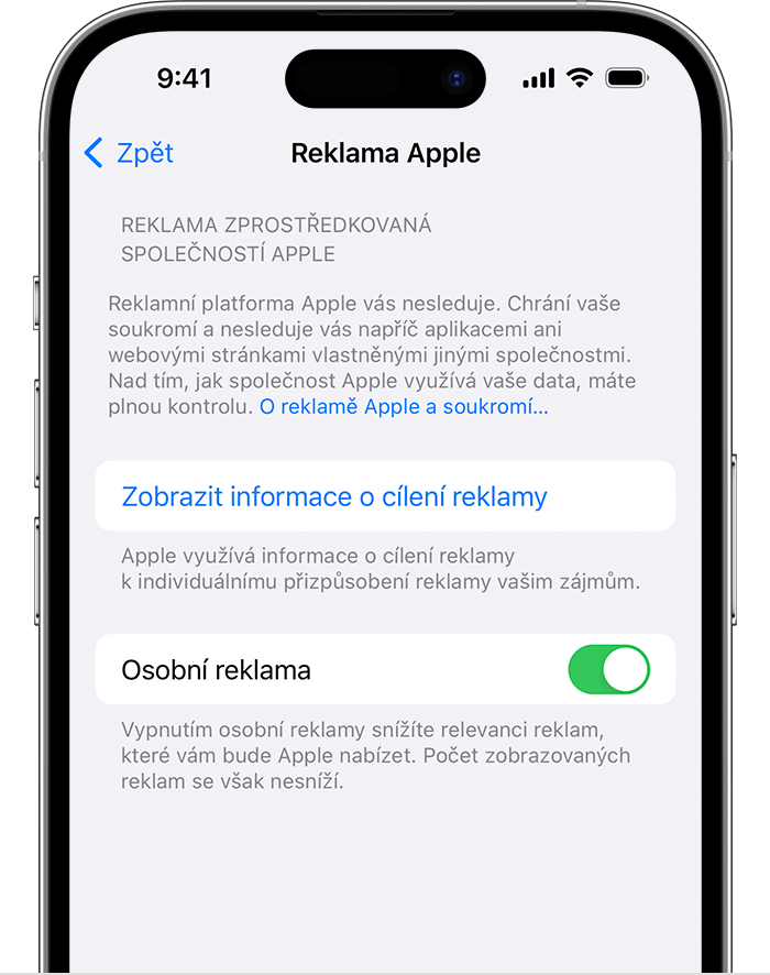 V nastavení Reklama Apple vypněte volbu Osobní reklama