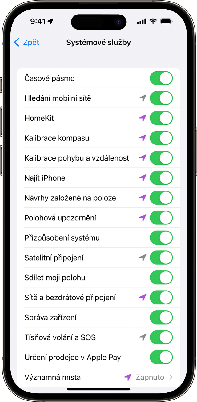 Nastavení systémových služeb na iPhonu