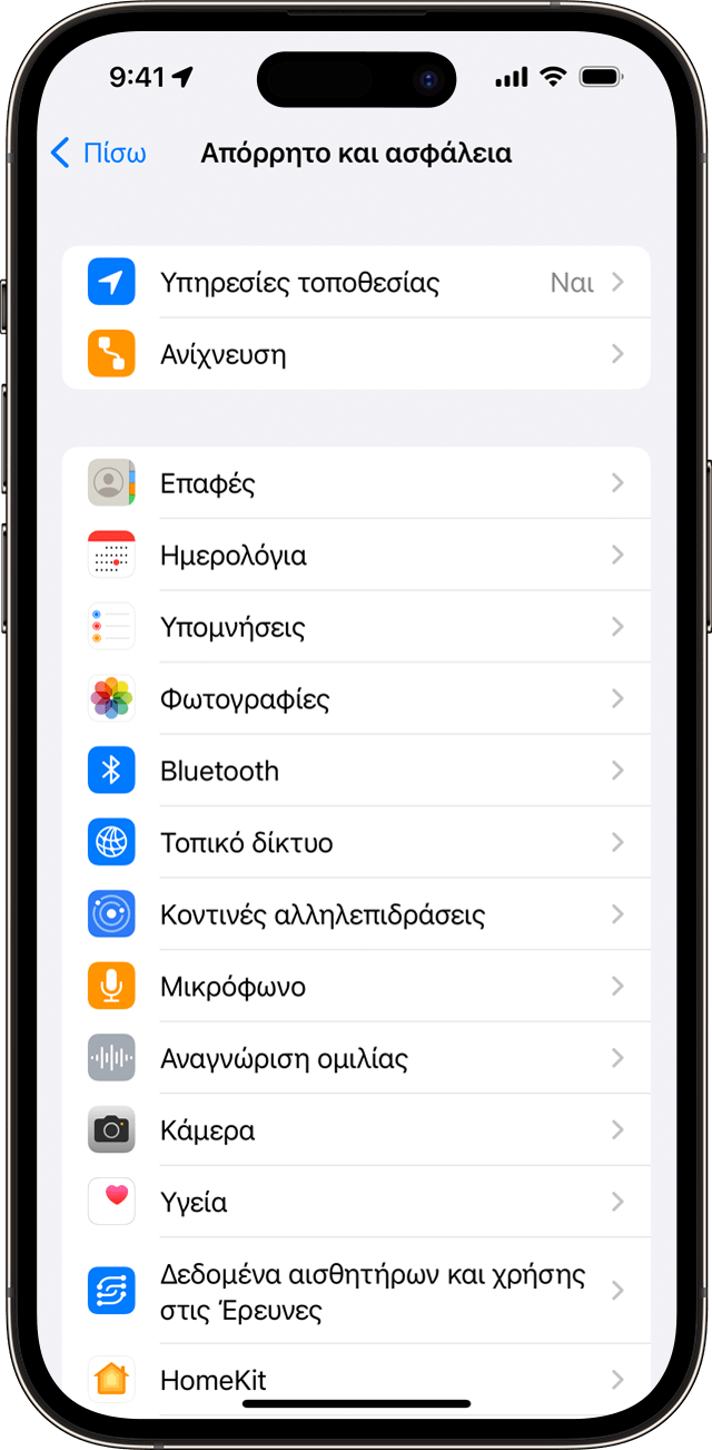 Οθόνη ρυθμίσεων «Απόρρητο και ασφάλεια» στο iPhone