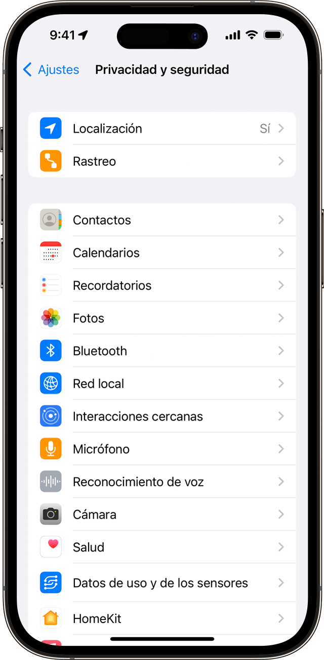 Pantalla de ajustes de privacidad y seguridad en el iPhone