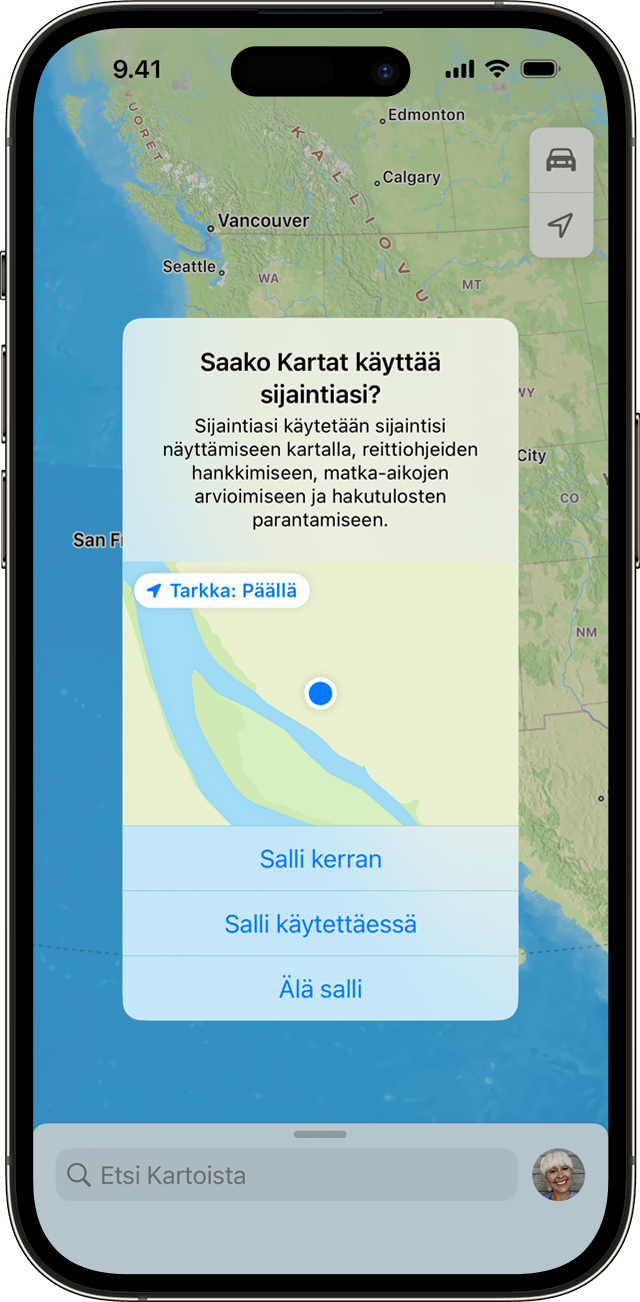 Appi pyytää sijainnin käyttöoikeutta, kun käytät appia iPhonessa