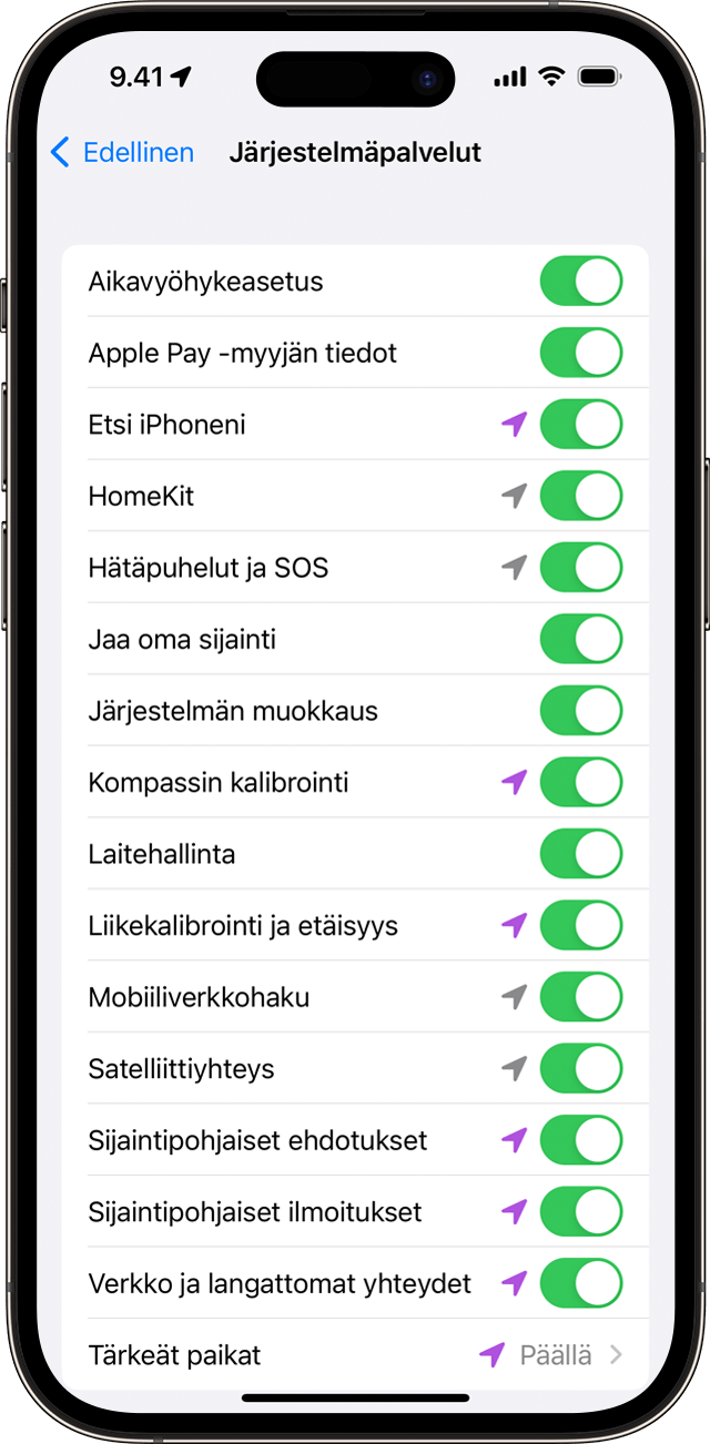 Järjestelmäpalvelut-asetus iPhonessa