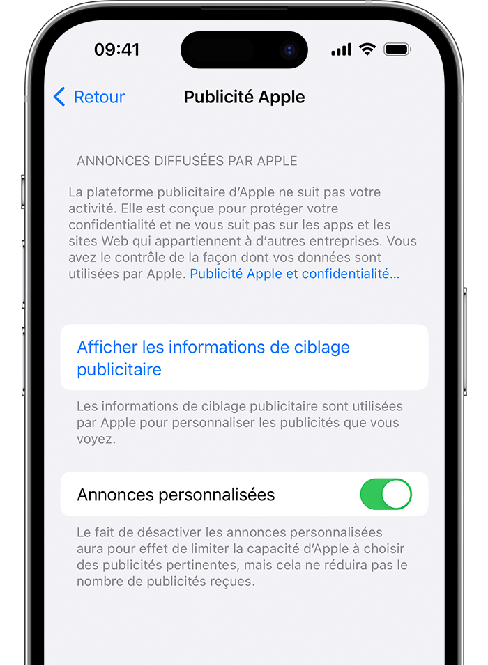 Dans les réglages de Publicité Apple, désactivez Annonces personnalisées