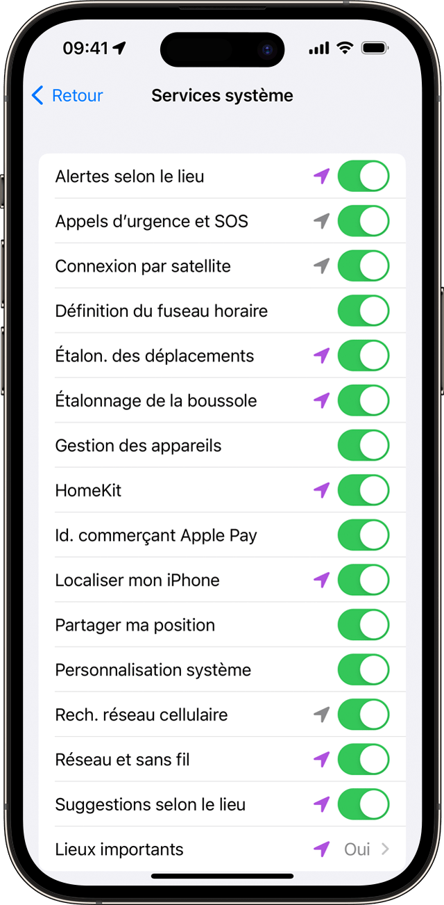 Réglage Services système sur iPhone