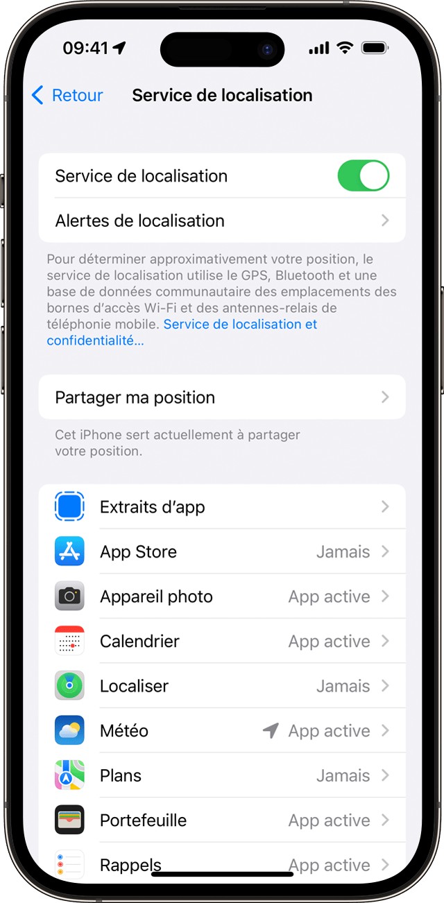 Réglage Service de localisation sur iPhone