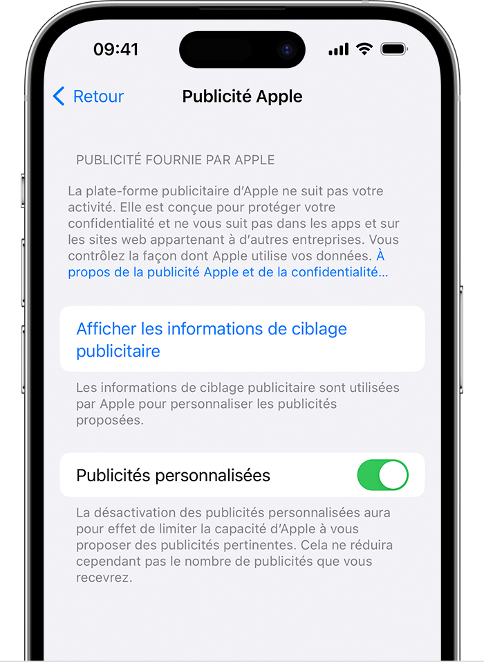 Dans les réglages de publicité Apple, désactivez l’option Publicités personnalisées