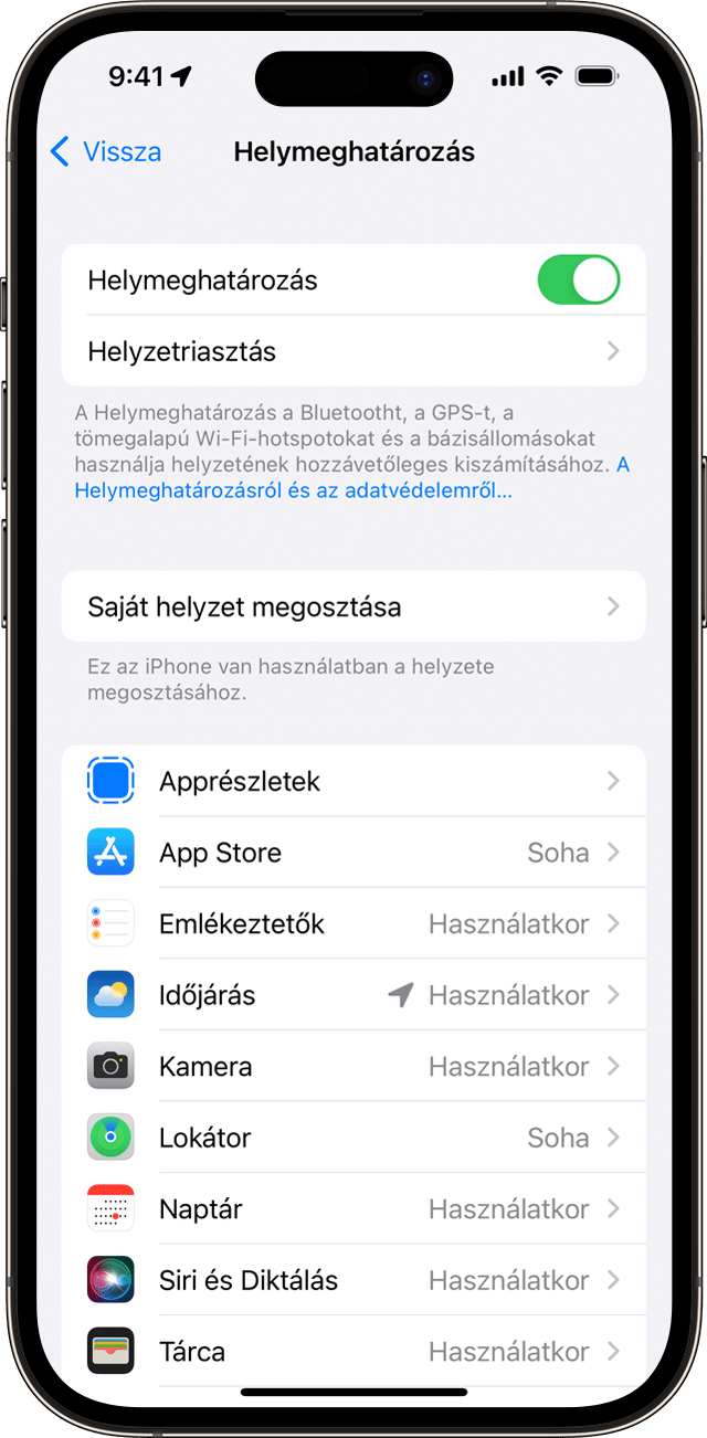 A Helymeghatározás beállítás egy iPhone-on