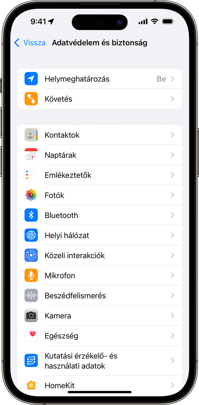 Az Adatvédelem és biztonság beállítási képernyő iPhone-on