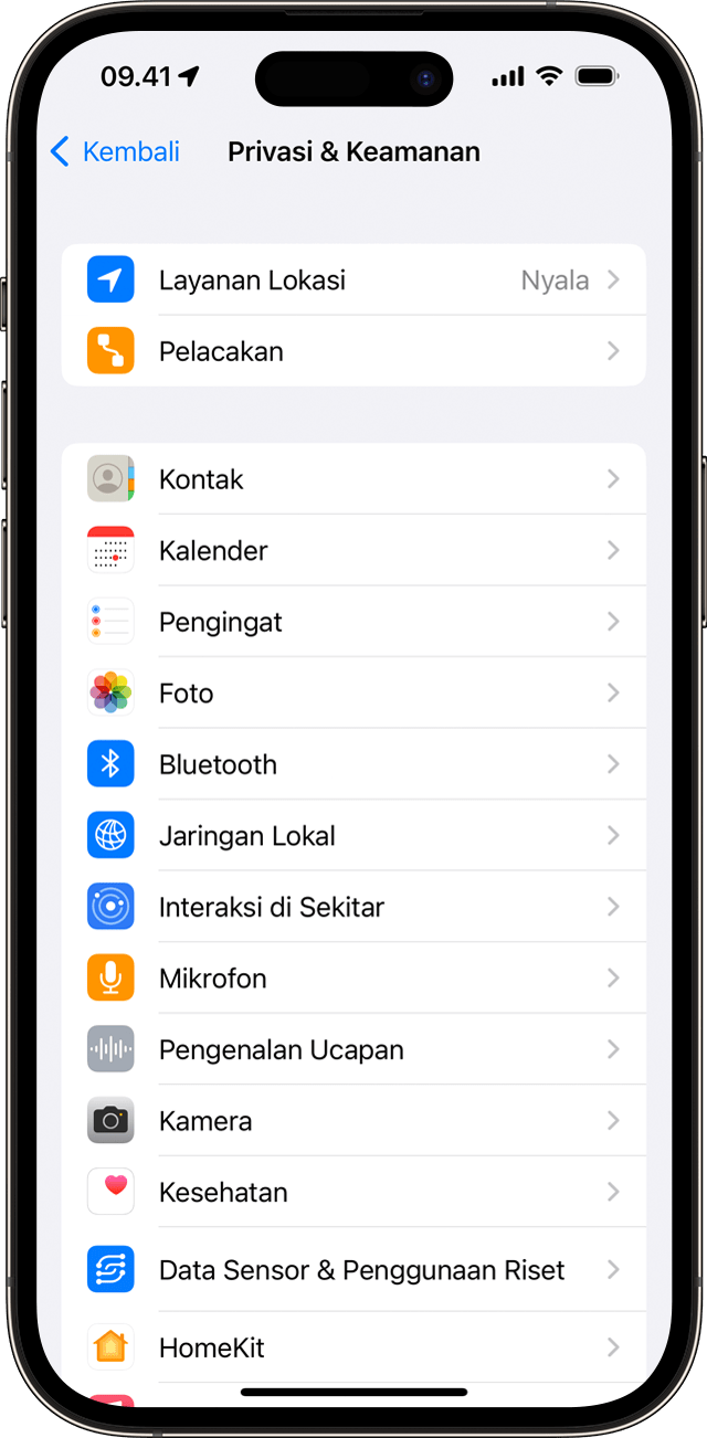 Layar pengaturan Privasi & Keamanan di iPhone