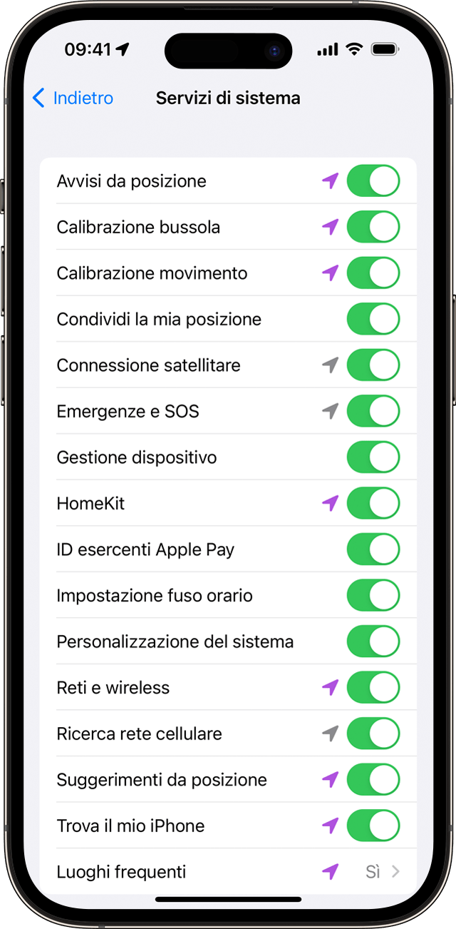 Impostazione dei Servizi di sistema su iPhone