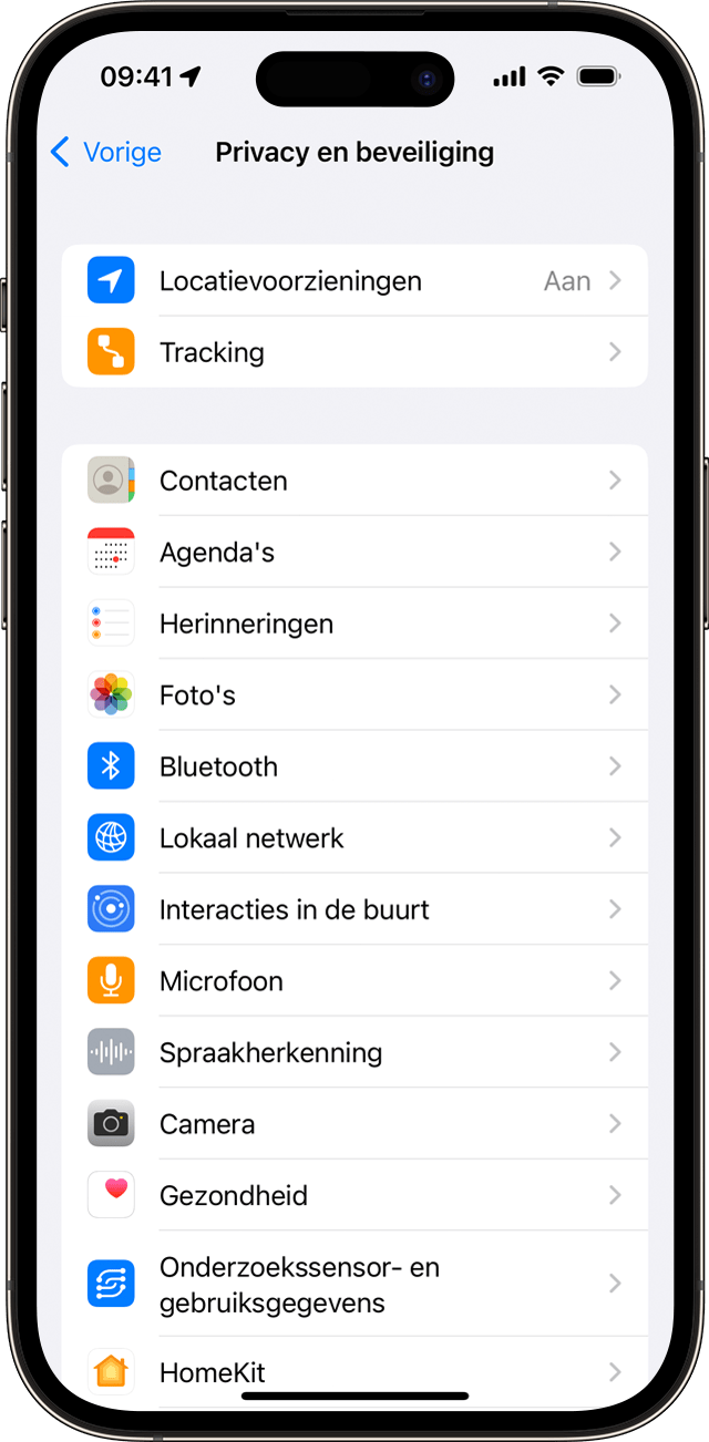 Scherm met de instellingen voor privacy en beveiliging op de iPhone