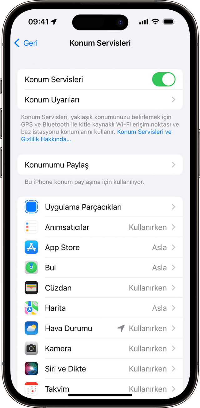 iPhone'daki Konum Servisleri ayarı