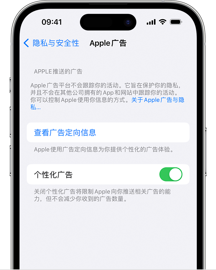 在“Apple 广告”设置中，关闭“个性化广告”