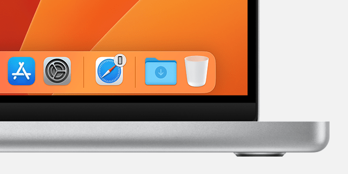 Dock in macOS, showing a Safari icon for Handoff