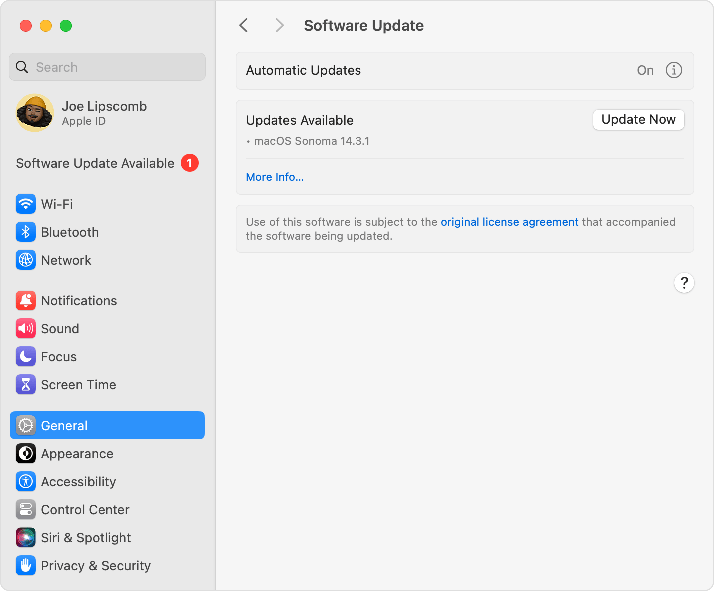 範例：macOS Sonoma 的「軟件更新」
