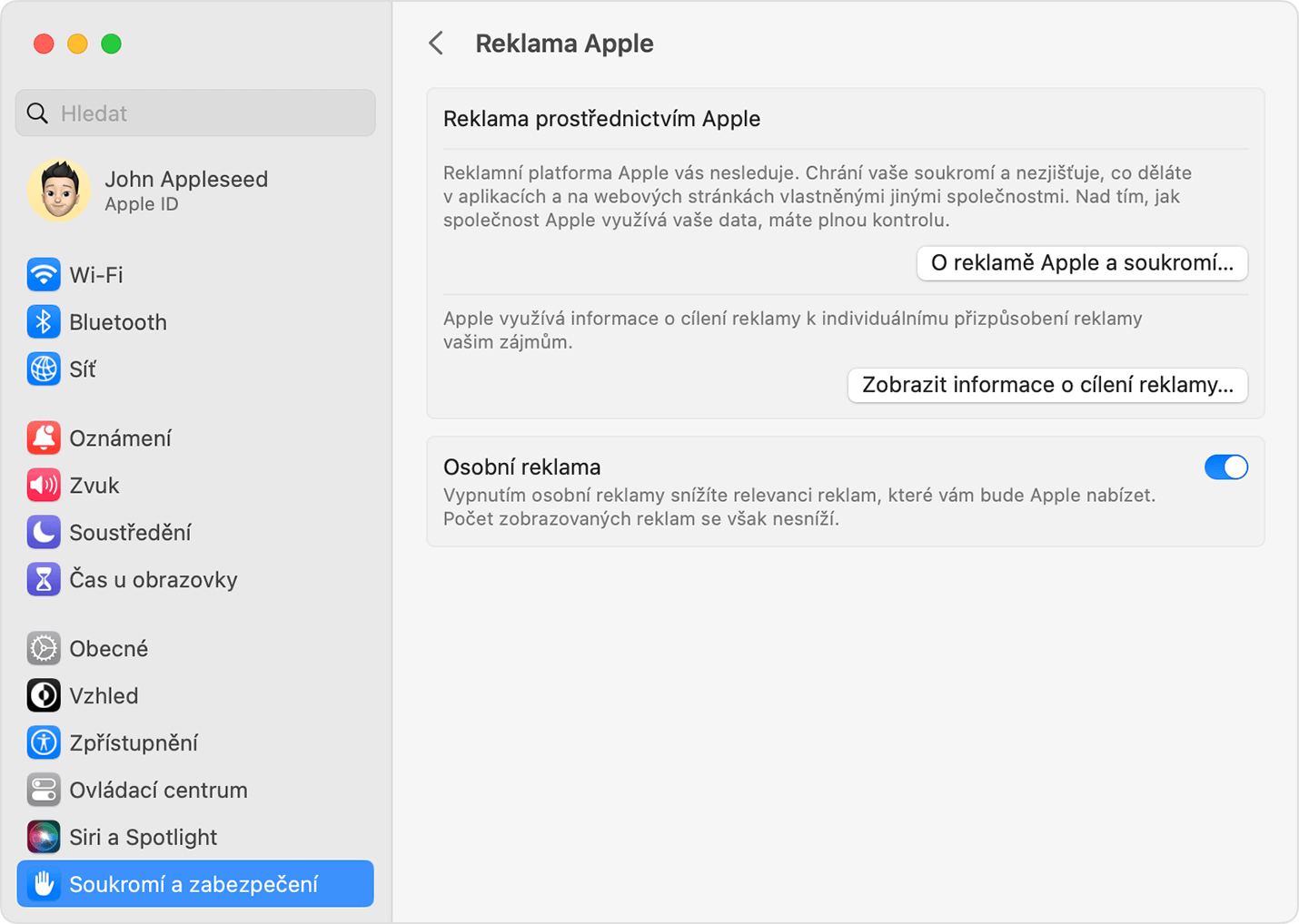 V nastavení systému macOS vypněte osobní reklamu