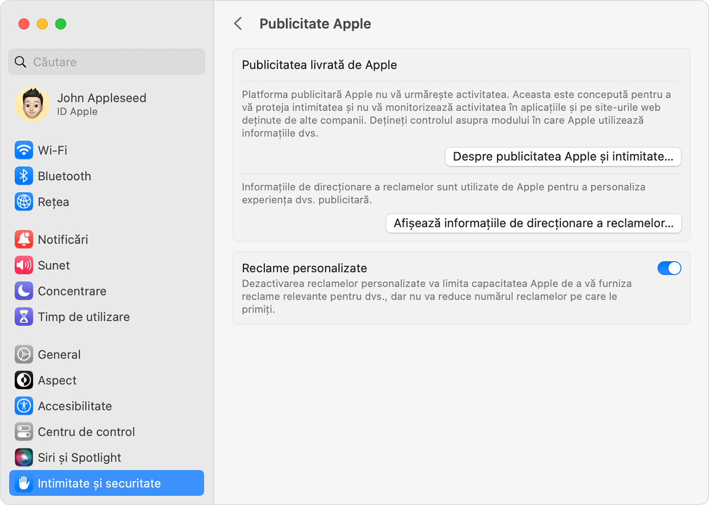 În Configurări sistem macOS, dezactivează reclamele personalizate