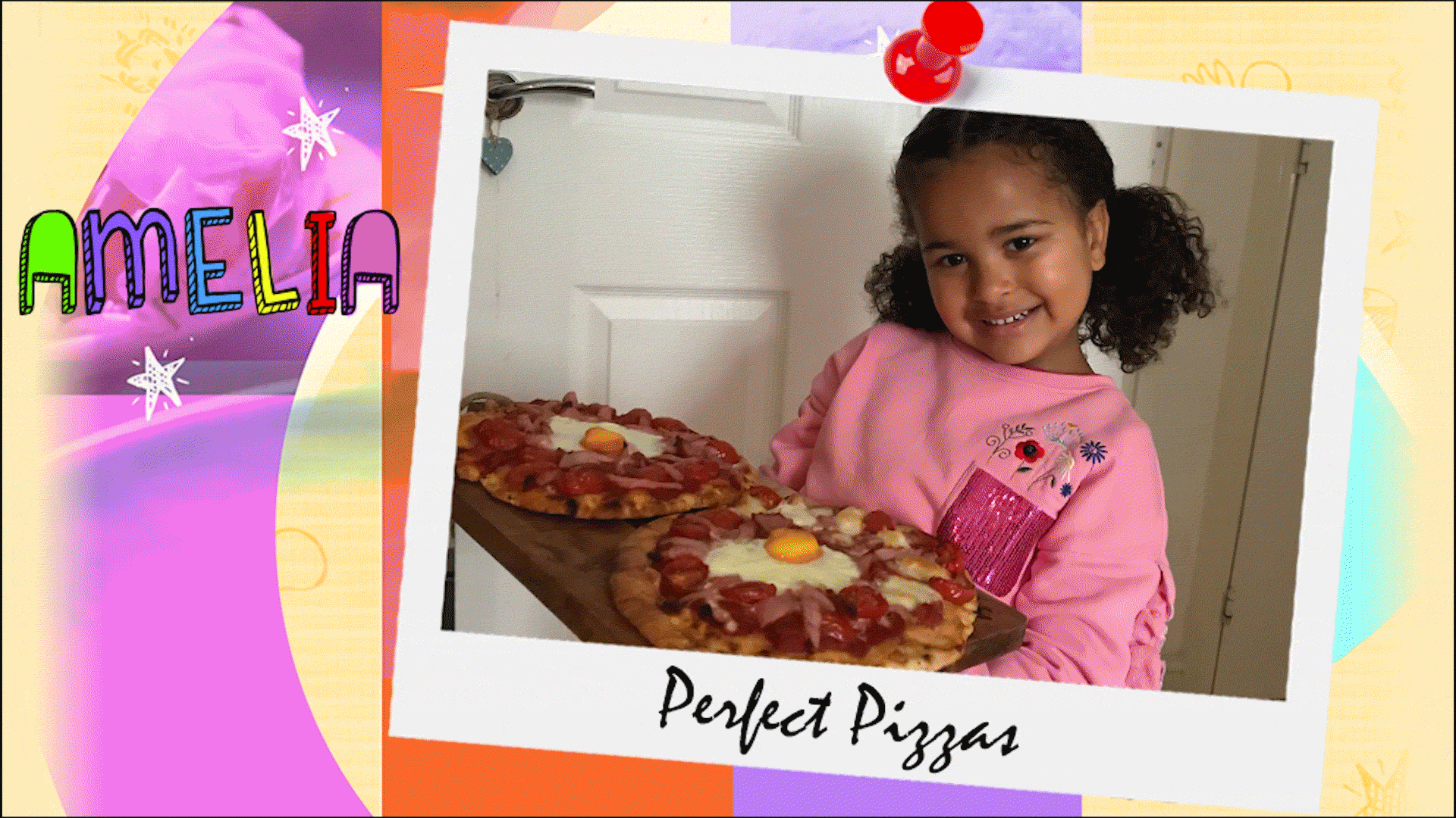 A little girl (Amelia) can be seen holding two tomato and meat pizzas, decorated with a fried egg, then a pan full of chocolatey churros.