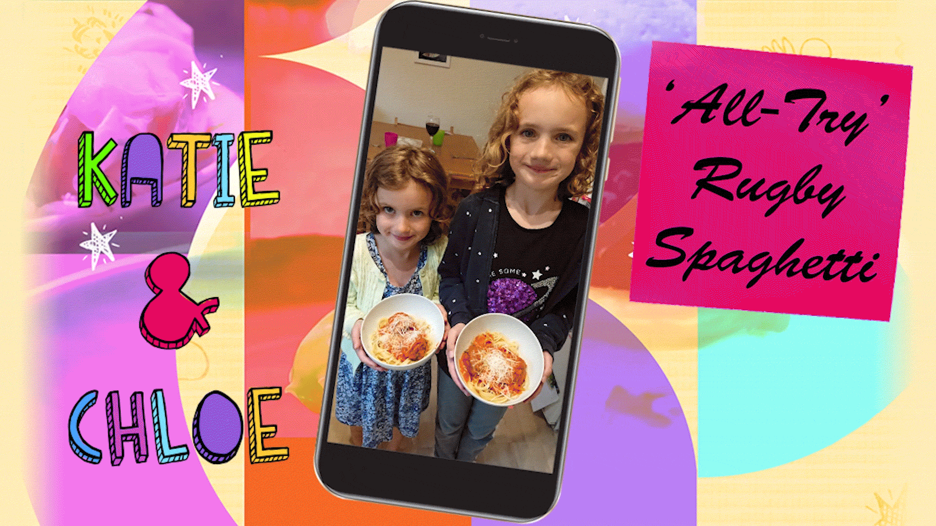 Two little girls (Katie and Chloe) are seen holding bowls of spaghetti, then the picture shows a little girl on her own (Katie) holding a tray of macarons then a sticky toffee pudding.