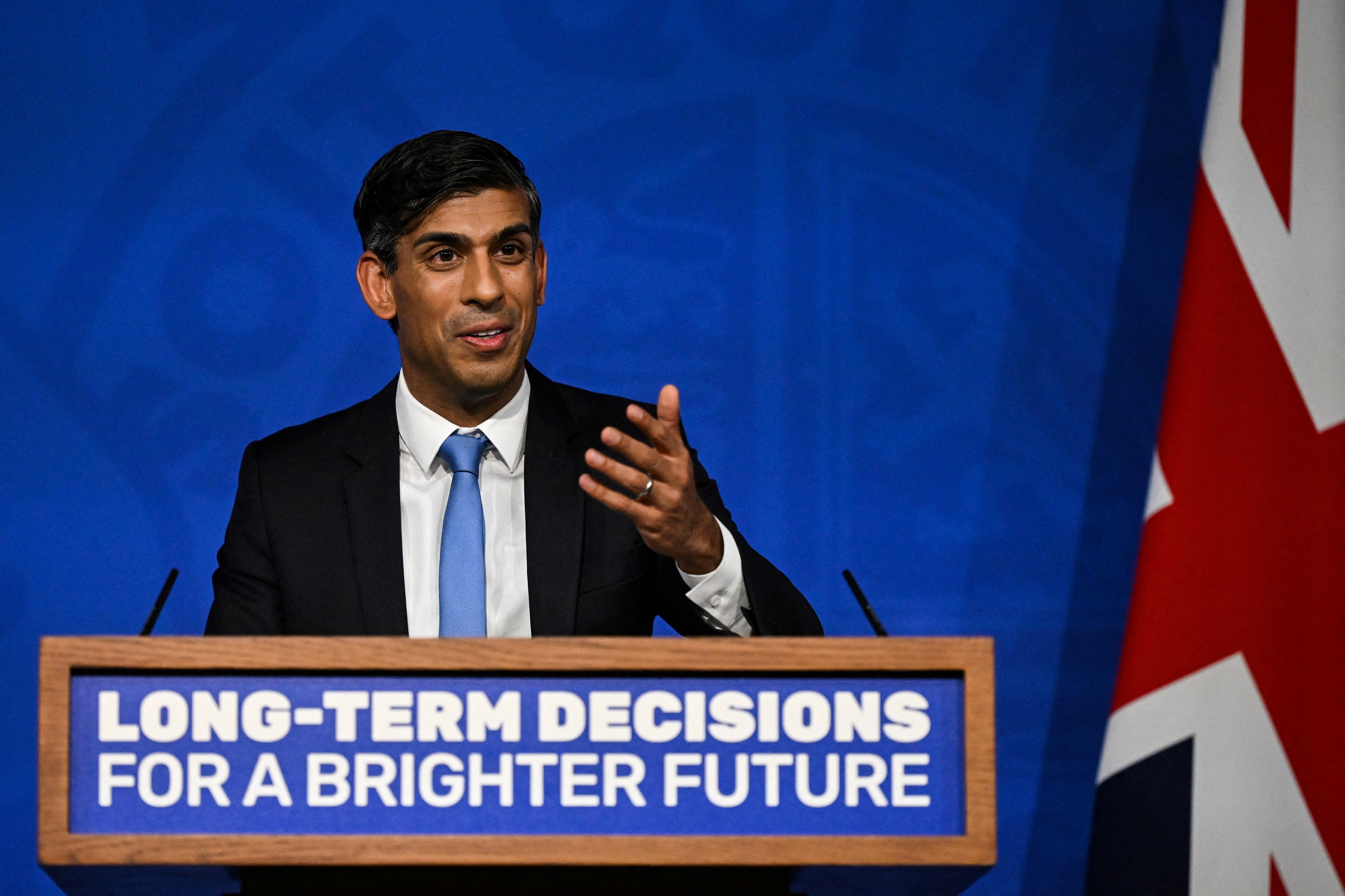 Britain's Prime Minister Rishi Sunak delivers a speech during a press conference on the net zero target, at the Downing Street Briefing Room