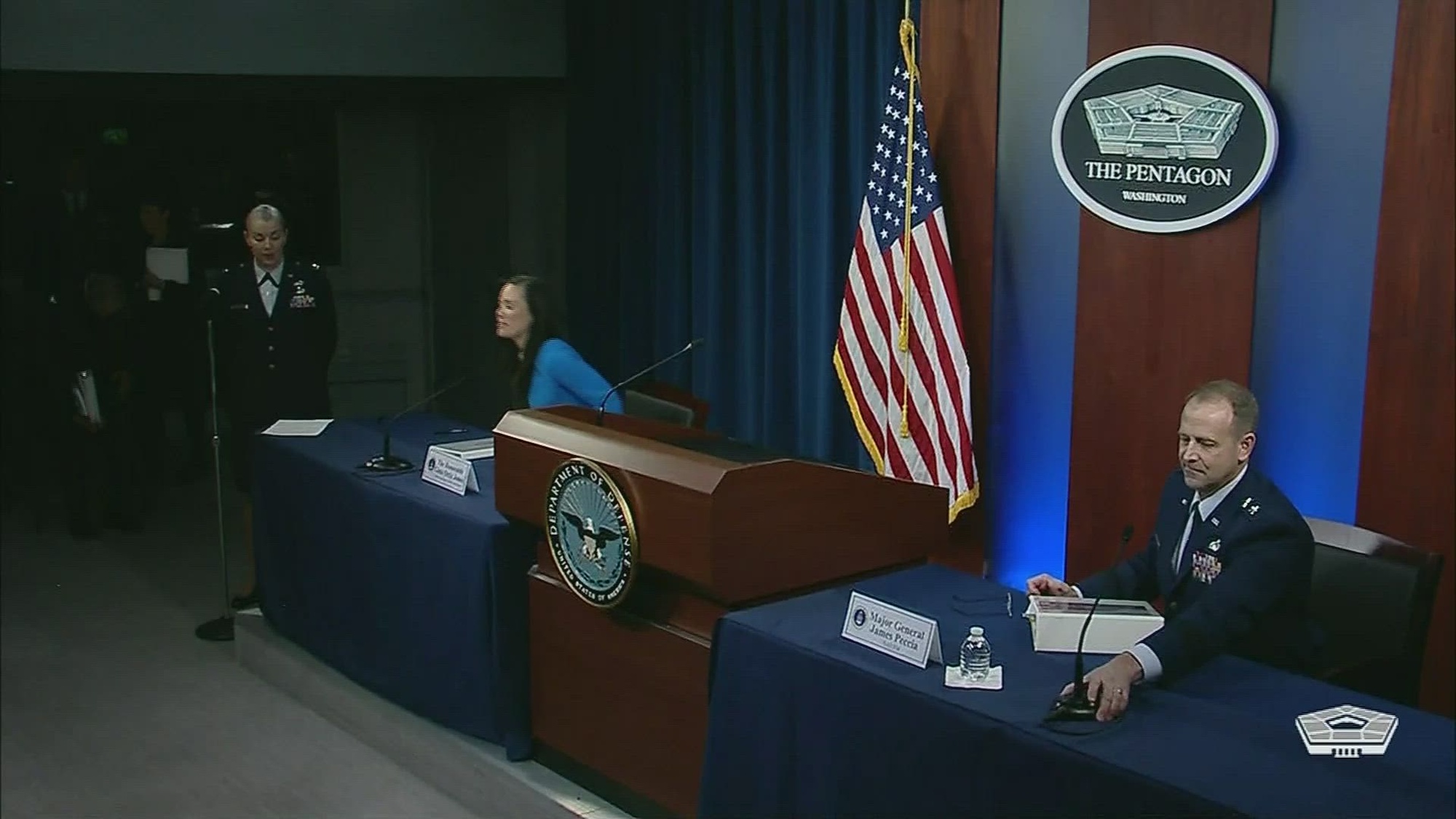 Under Secretary of the Air Force Gina Ortiz Jones and Deputy Assistant Secretary for Budget Air Force Maj. Gen. James D. Peccia III conduct a briefing on the sections of the fiscal year 2023 DOD budget concerning the Air Force.