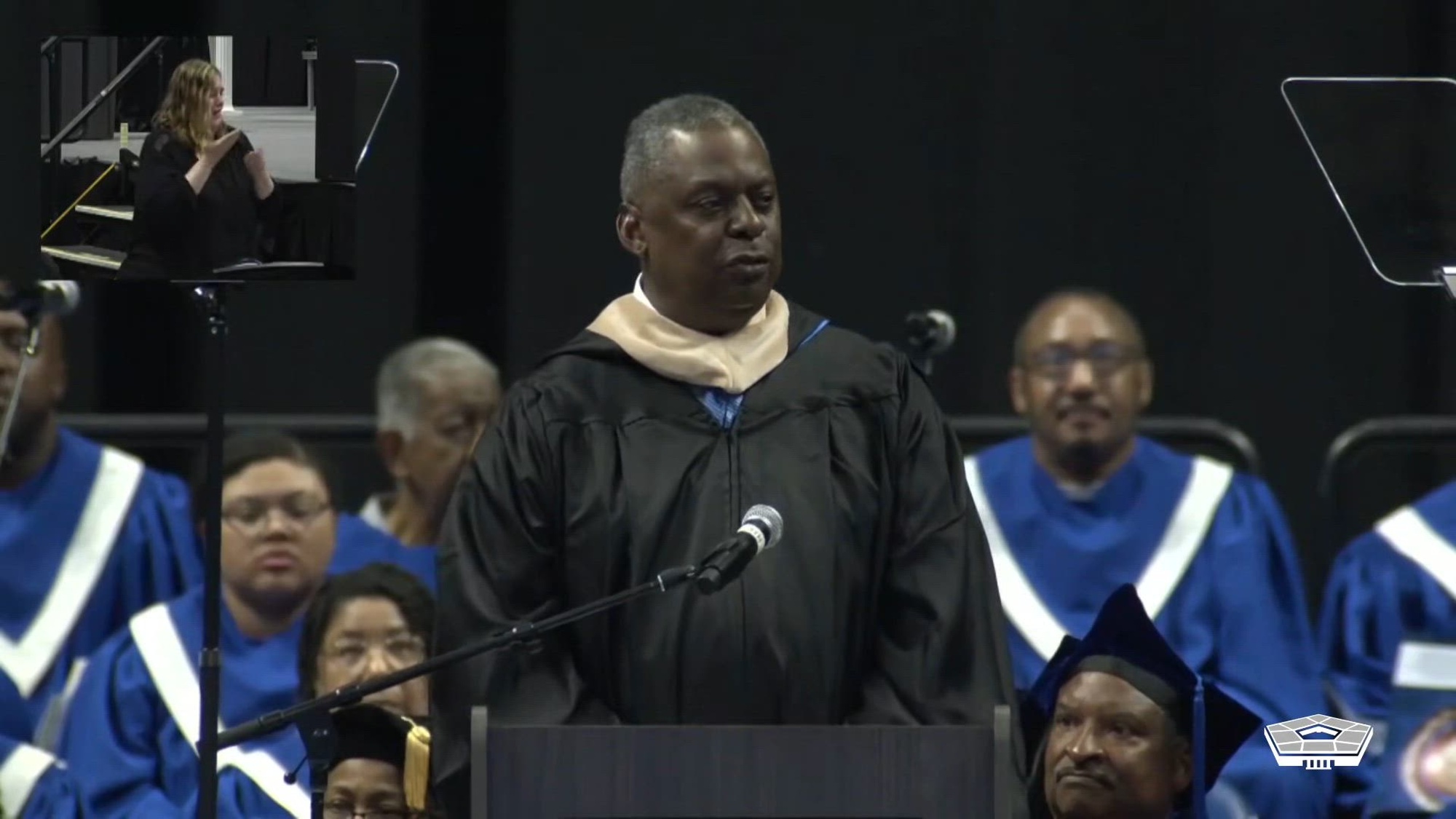 Secretary of Defense Lloyd J. Austin III delivers the opening address at the Fayetteville State University undergraduate commencement ceremony. 