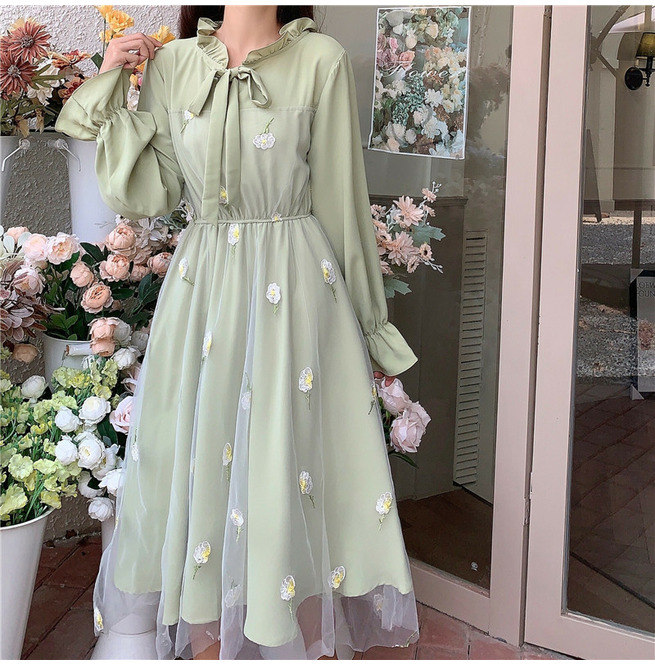 Floral Print Tulle Stitching Green Dress