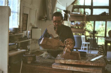 Ayrton in his studio, working on Reflective Heads II, 1971