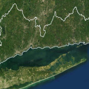 Aerial view of Long Island Sound and adjacent areas of New York, Connecticut, and Rhode Island, with the study area outlined in white