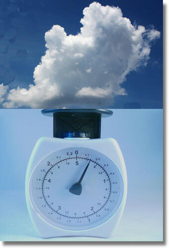 Made up picture of a cloud sitting on a weight scale.