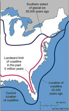 Map of eastern U.S. showing coastlines in the past.