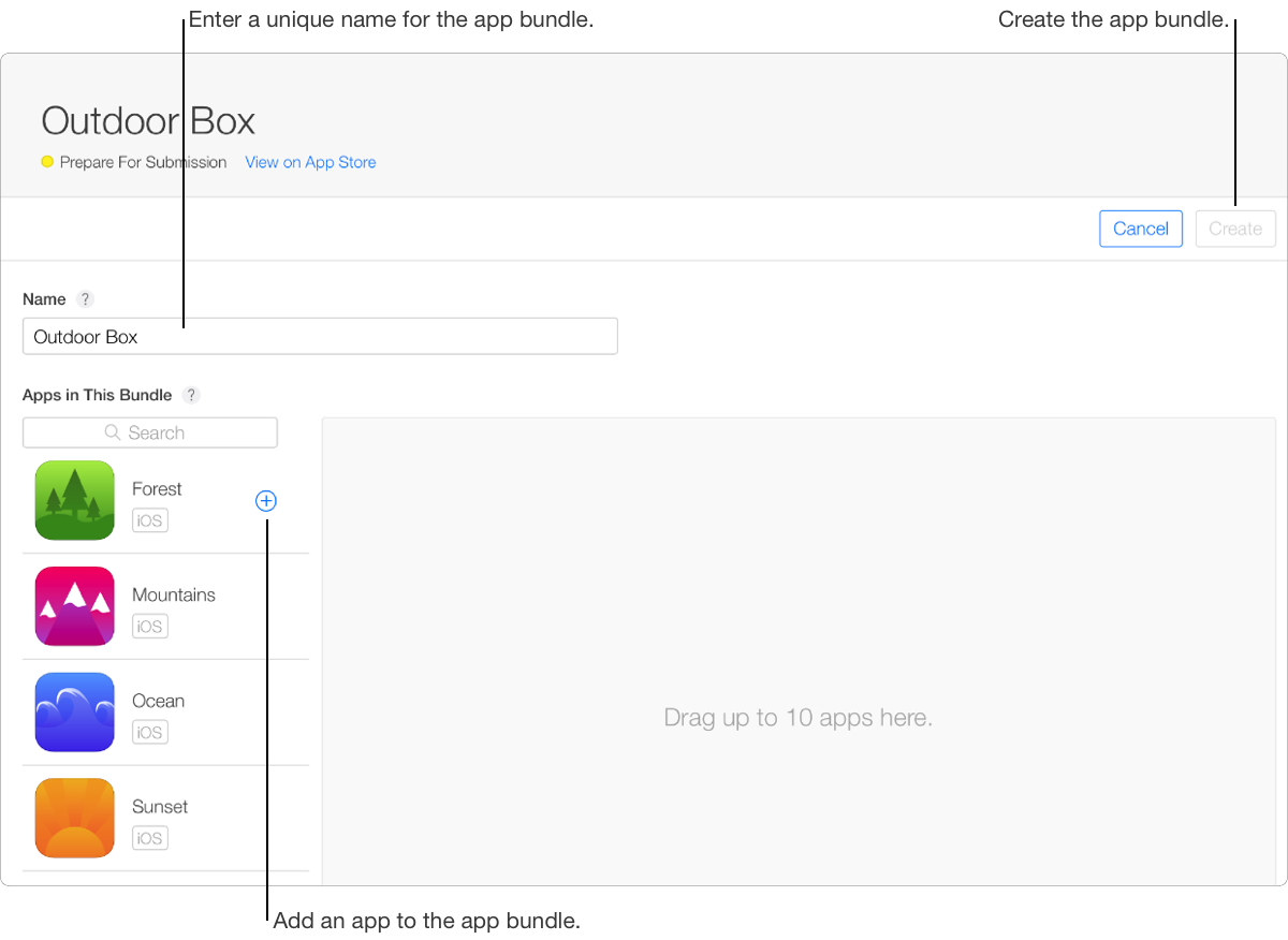 New App Bundle page. On the top right, there are Cancel and Create button. On the page, there's a field to enter app bundle name, a field to search for an app, list of apps on the account yo can select from, and area where you can drag up to 10 apps.