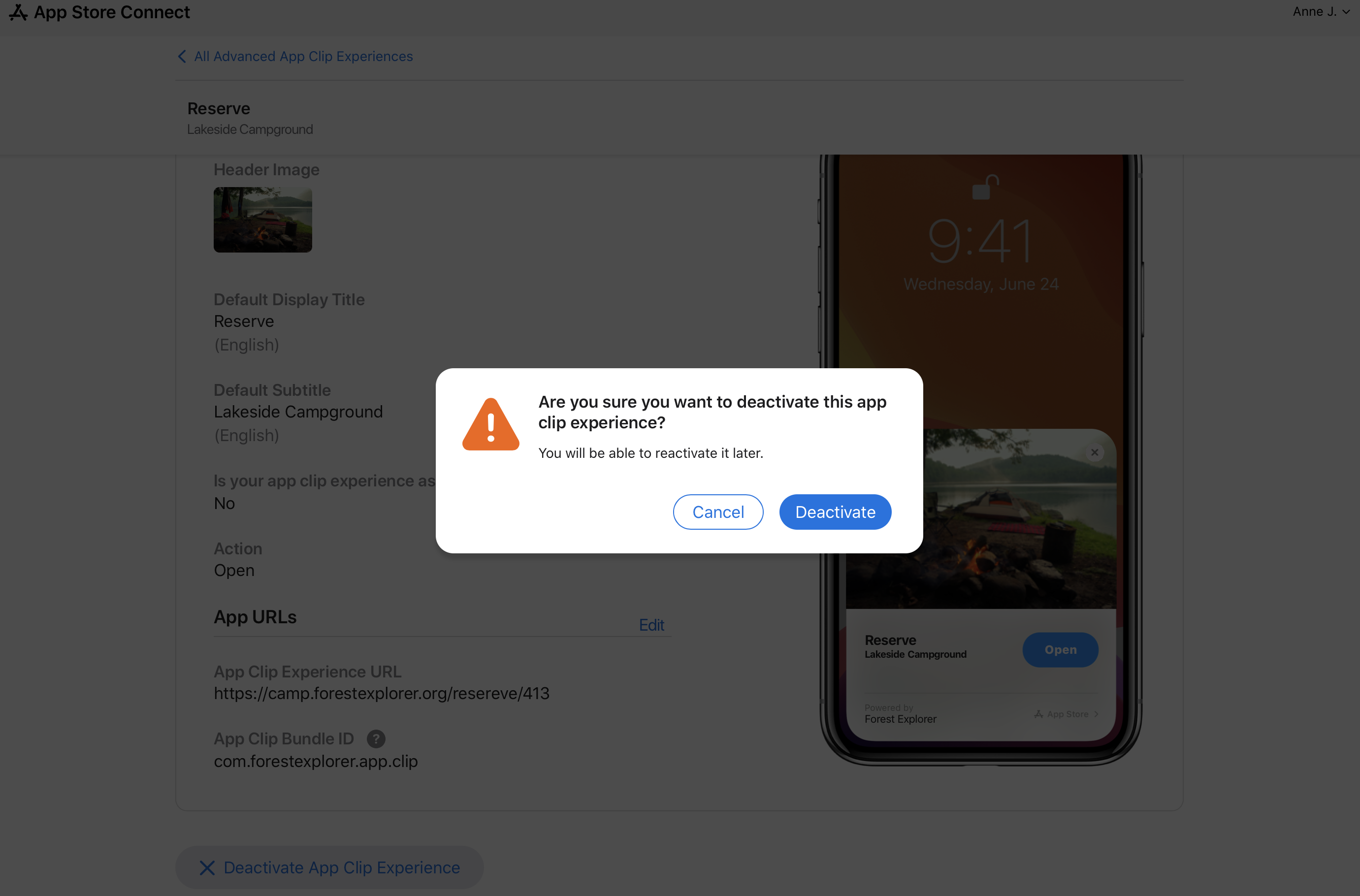Advanced App Clip deactivate confirmation