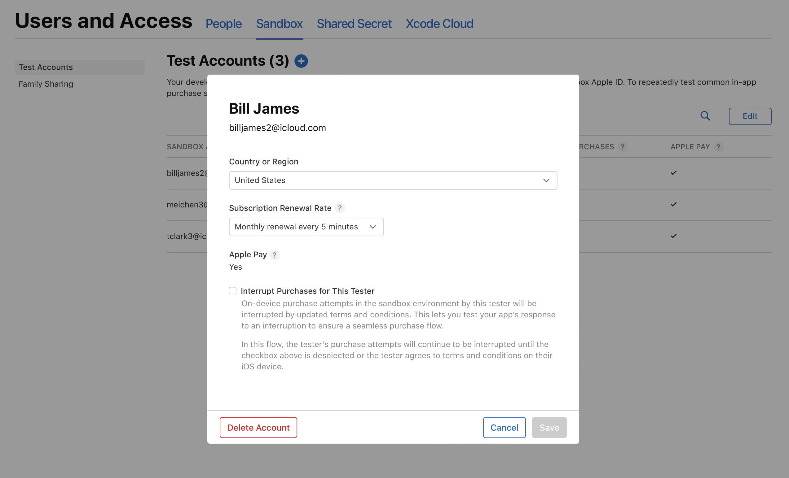 Test Accounts page showing the Sandbox Apple ID detail dialog with a menu for 'subscription renewal rate'.