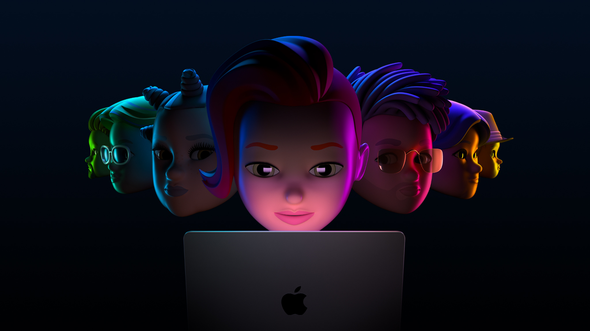 An image of seven memojis, with the center person looking at a MacBook Pro.