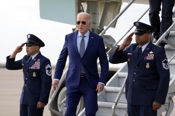 President Joe Biden arrives on Air Force One Wednesday March 20, 2024, at Dallas-Fort Worth International Airport, in Dallas. (AP Photo/Jacquelyn Martin)