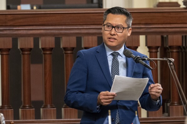 FILE – Republican Assemblymember Vince Fong speaks on the floor of the California Assembly on Thursday, April 11, 2024. A bill Fong wrote to ban the use of nondisclosure agreements when negotiating legislation failed to pass a legislative committee on Thursday, April 25, 2024. (AP Photo/Rich Pedroncelli, File)