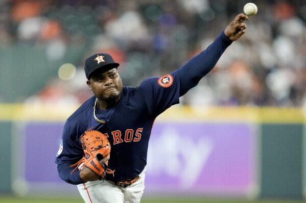 Houston Astros starting pitcher Framber Valdez delivers against the Toronto Blue Jays during the first inning of a baseball game Tuesday, April 2, 2024, in Houston. (AP Photo/Eric Christian Smith)
