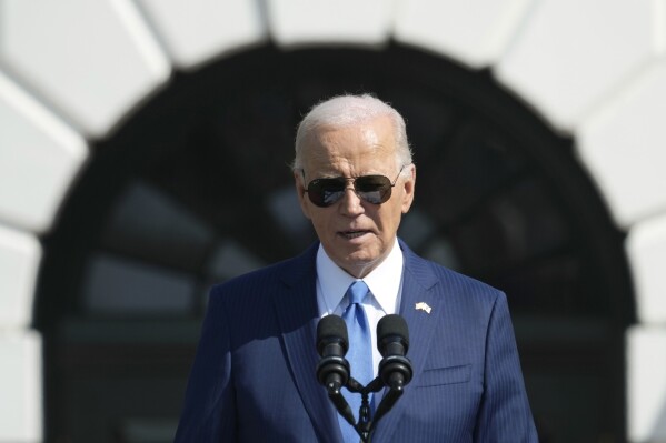 President Joe Biden speaks during a State Arrival Ceremony with Japanese Prime Minister Fumio Kishida on the South Lawn of the White House, Wednesday, April 10, 2024, in Washington. (AP Photo/Susan Walsh)