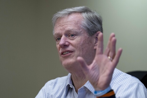 FILE - NCAA President Charlie Baker speaks to reporters Friday, Feb. 23, 2024, in Washington. NCAA President Charlie Baker on Wednesday, March 27, urged lawmakers in states with legal wagering on sporting events to ban betting on individual player performances.(AP Photo/Stephanie Scarbrough, File)