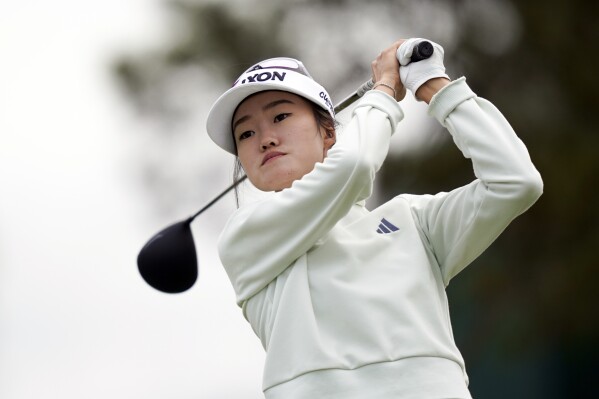 Grace Kim hits from the 16th tee during the first round of the LPGA LA Championship golf tournament at Wilshire Country Club, Thursday, April 25, 2024, in Los Angeles. (AP Photo/Ryan Sun)