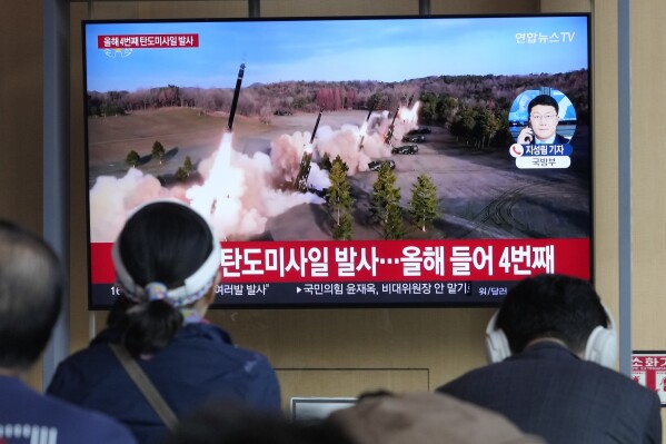 A TV screen shows a file image of North Korea's missiles launch during a news program at the Seoul Railway Station in Seoul, South Korea, Monday, April 22, 2024. North Korea fired multiple suspected short-range ballistic missiles toward its eastern waters on Monday, South Korea's military said, the latest in a recent series of weapons launches by the North. (AP Photo/Ahn Young-joon)