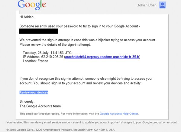 
              This image shows a portion of a phishing email sent to New York-based journalist Adrian Chen on July 28, 2015. Chen was one of at least 200 other journalists, publishers and bloggers worldwide targeted by the group widely known as Fancy Bear, an Associated Press investigation has found. His email has been redacted from the image to protect his privacy. Chen, who has regularly written about the darker recesses of the internet, said that even when totally innocuous, having a lifetime of private messages exposed to the internet could be devastating. (AP Photo)
            