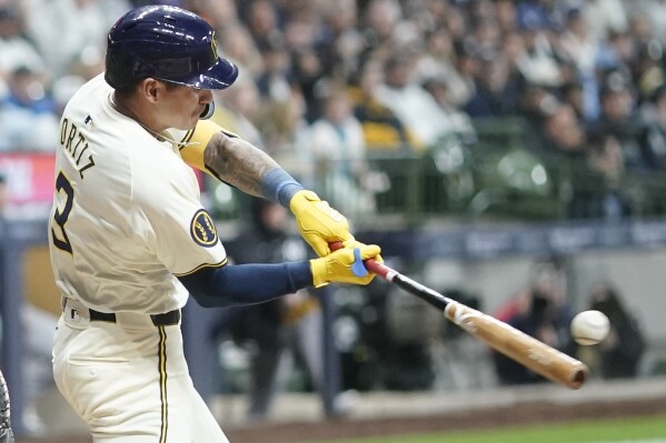 Milwaukee Brewers' Joey Ortiz hits a two-run home run during the second inning of a baseball game against the New York Yankees Friday, April 26, 2024, in Milwaukee. (AP Photo/Morry Gash)
