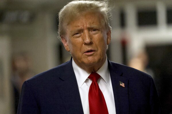 Former President and Republican presidential candidate Donald Trump leaves State Supreme Court in New York, on Thursday, April 25, 2024, during his trial on charges of allegedly falsifying business records. (Jefferson Siegel/The New York Times via AP, Pool)