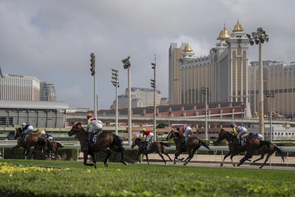 Jockeys compete in last Macao races at the Macao Jockey Club in Macao, Saturday, March 30, 2024. After more than 40 years, Macao’s horse racing track hosted its final races on Saturday, bringing an end to the sport in the city famous for its massive casinos. (AP Photo/Louise Delmotte)