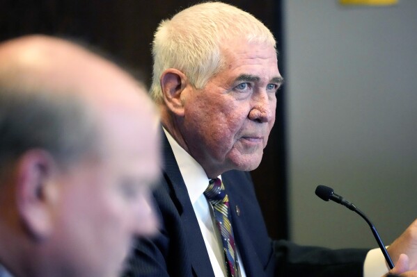 Mississippi Senate Medicaid Committee Chairman Sen. Kevin Blackwell, R-Southaven, right, discusses the cost of Medicaid expansion at a public legislative conference committee meeting held at the State Capitol, Tuesday, April 23, 2024, in Jackson, Miss. (AP Photo/Rogelio V. Solis)